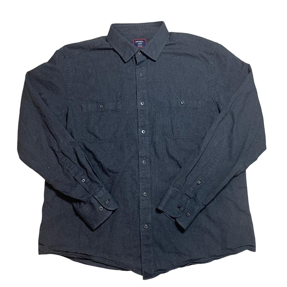UNTUCKit Hemsworth Mens XL Regular Fit Gray Herringbone Cotton Button Down Shirt